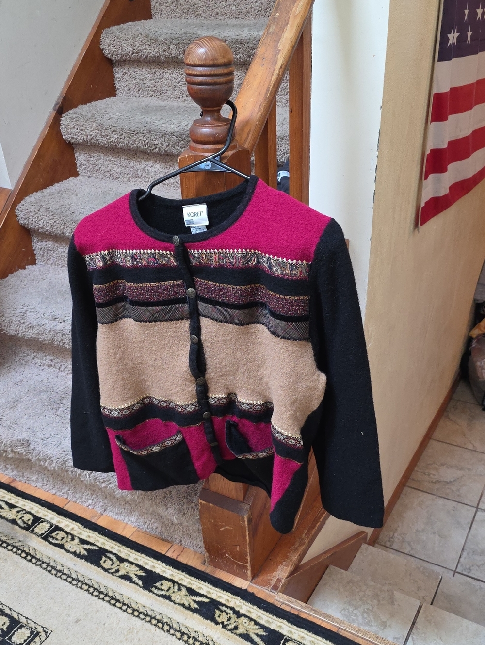 Koret Black, Berry & Camel Colorblock Cardigan Vintage Sweather